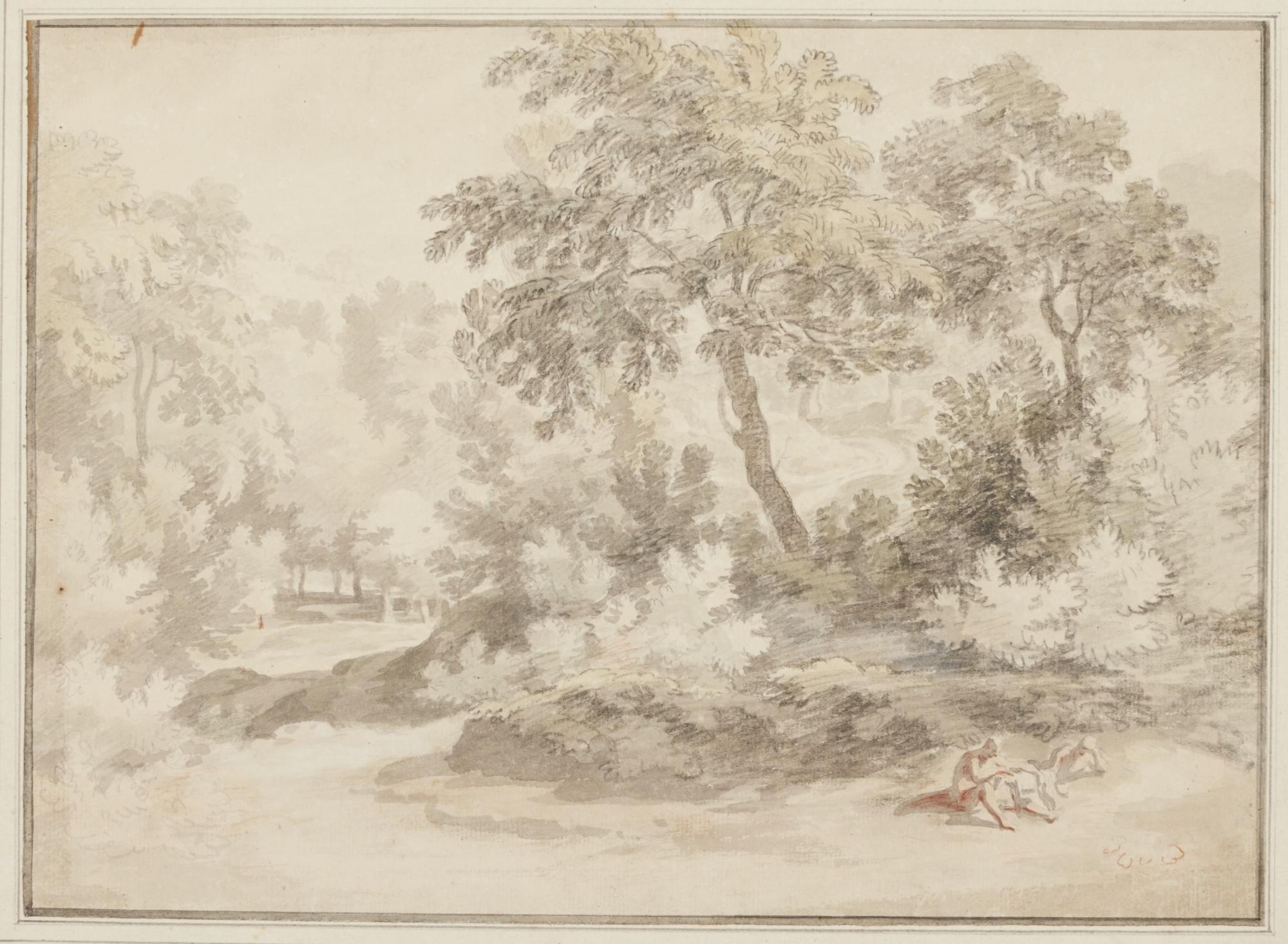 William Taverner - A Landscape With Figures Seated Under A Tree