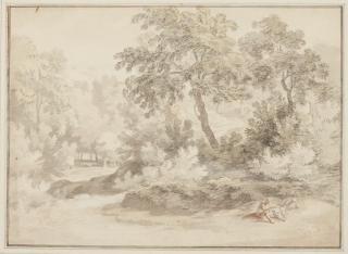 William Taverner - A Landscape With Figures Seated Under A Tree