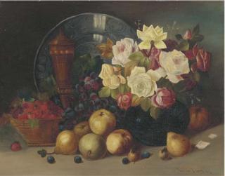 William Thomas Wood - Roses, grapes, strawberries in a basket and pears with a silver platter beyond