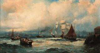 William Thornley - A paddlesteamer and three master running down the Thames at Gravesend