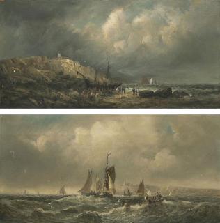 William Thornley - A stiff breeze off the north east coast; and Figures salvaging a beached wreck at low tide, Whitby (both illustrated)