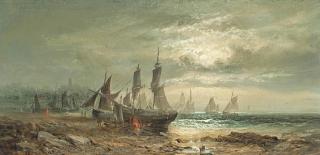 William Thornley - Careening The Fishing Boats At Low Tide, Moonlight