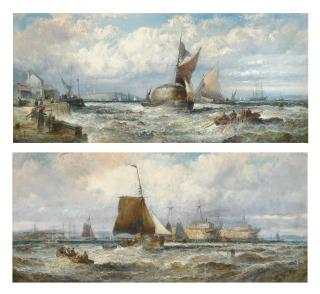 William Thornley - Hay barges and other shipping in a stiff breeze off Dover; and Prison hulks and other shipping lying in the Hamoaze, Plymouth Sound (both illustrated)