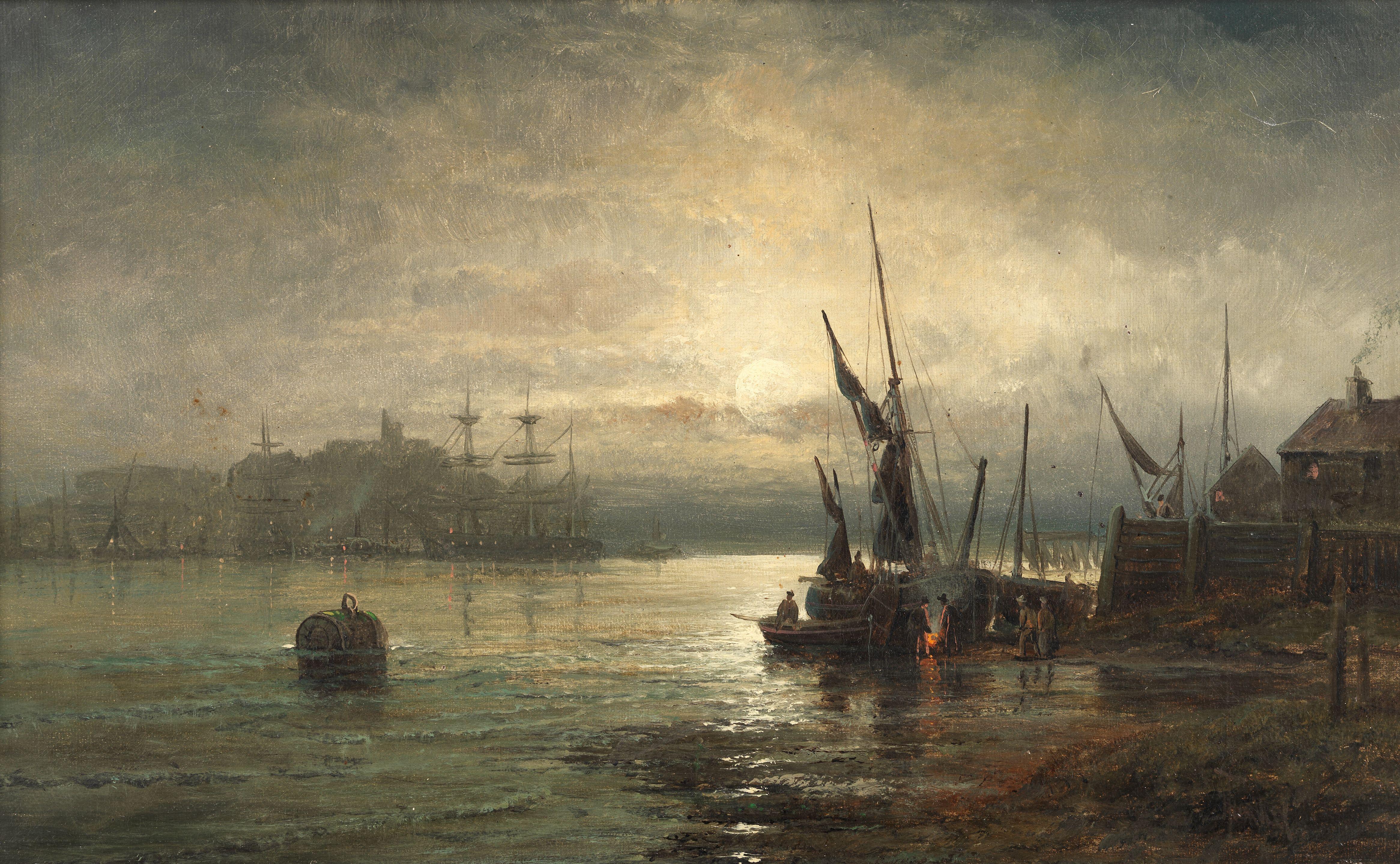 William Thornley - \'Moonlight - Mouth of the Medway\'; and A coastal scene at sunrise, a pair each 25.4 x 41cm (10 x 16 1/8in). (2)