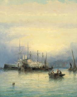 William Thornley - Tranquil harbour with prison hulk