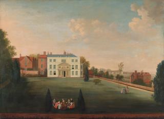 William Tomkins, A.R.A. - A country house with figures assembled on the lawn, and a village beyond