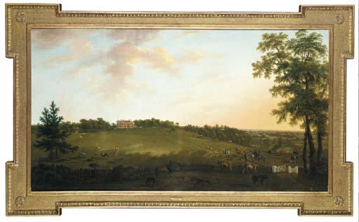 William Tomkins - A View of Boldreview Lodge With A Hunting Party, Cattle, Horses, Deer And Other Figures In The Foreground, The New Forest Beyond