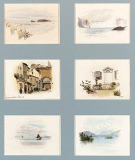 William Trost Richards - Rolling Waves, The Canadian Falls: from the Canadian Shore, Mercato Vecchio, Florence, The Front Door, A View from Clovelly Beach, and Mountain Lake: A Group of Six Watercolors in a Common Mount