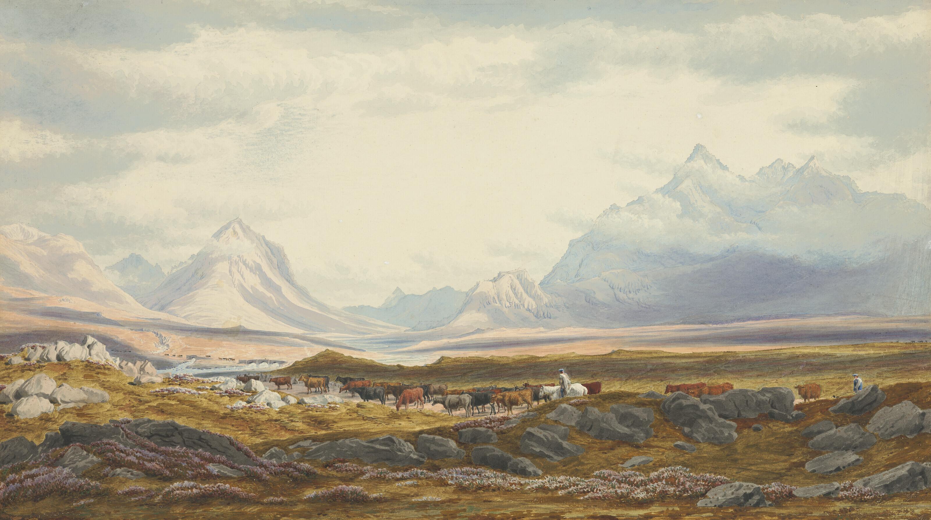 William Turner of Oxford, O.W.S. - A heathy scene near Sligachan, Isle of Skye, the Mountains Blaven, Marscodh, Scuir-nan-Stree, and the Cuchullin Hills in the distance - Drovers proceeding South