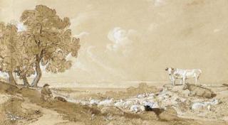 William Turner Of Oxford, O.W.S. - A shepherd resting beneath a tree with a view of Gloucester in the distance