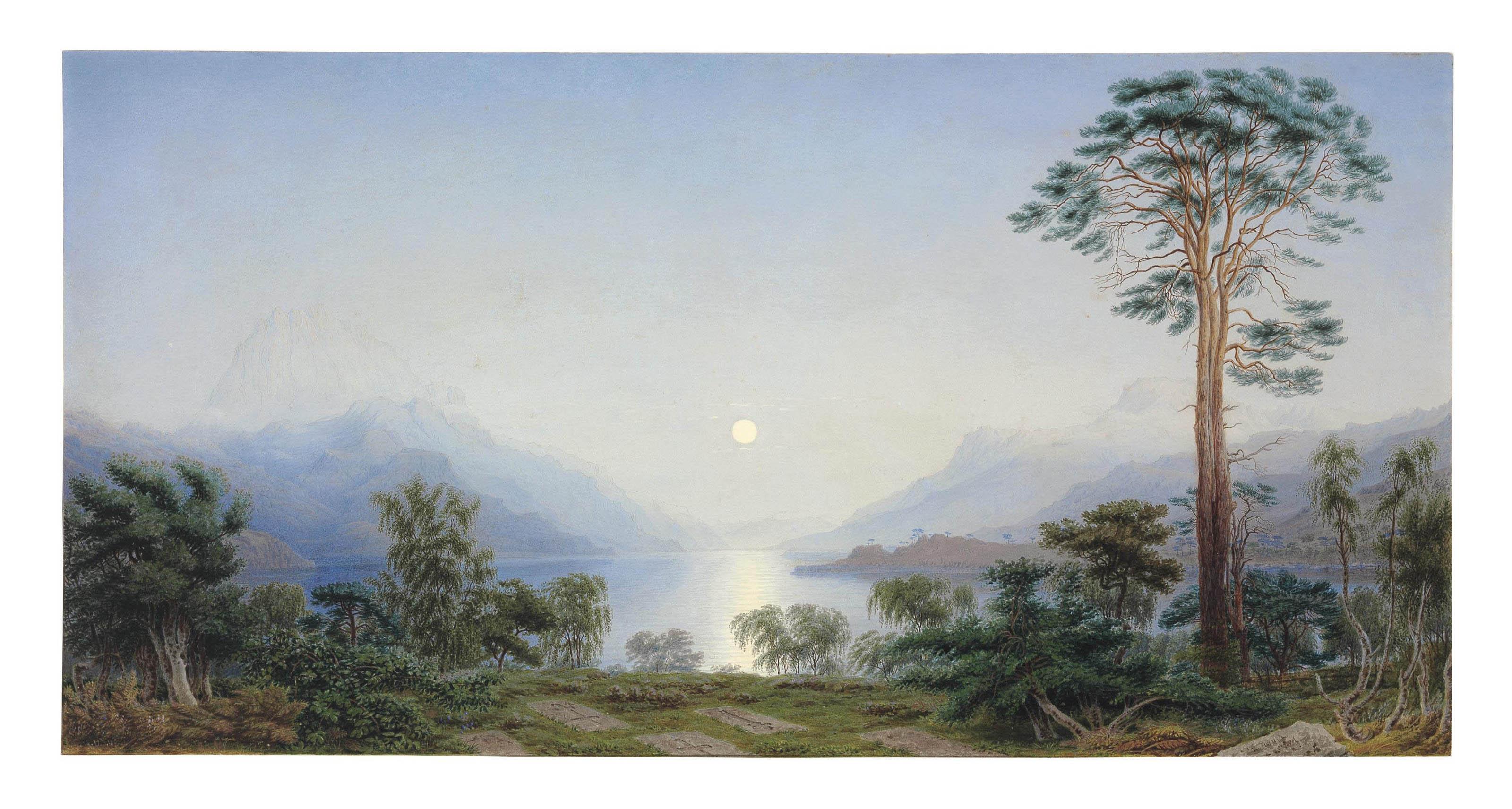 William Turner of Oxford, O.W.S. - The Highlanders\' Burying Ground, on a small Island in Loch Maree, North Britain - Moonlight Evening