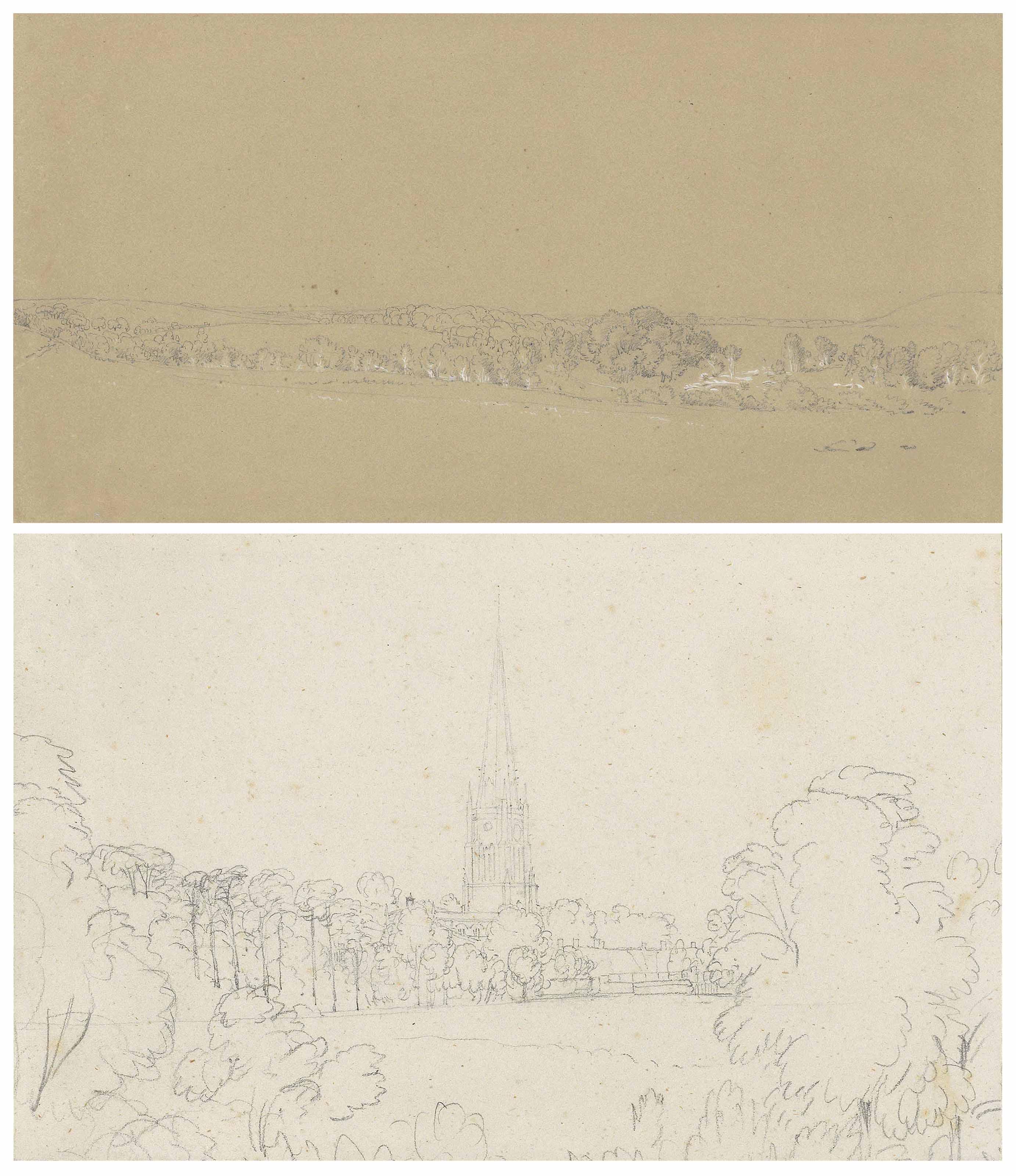 William Turner Of Oxford, O.W.S. - Two Landscapes, One With A Church Spire Seen Across A Meadow, Traditionally Identified As Christ Church, Oxford