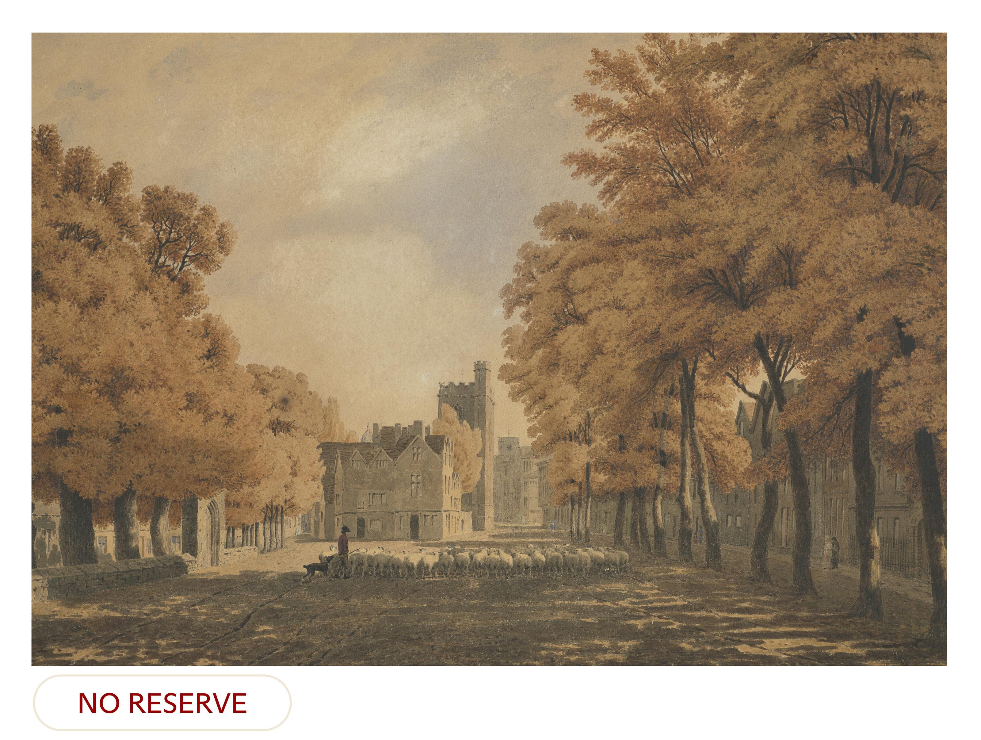 William Turner Of Oxford, O.W.S. - View of a shepherd herding sheep along St Giles, Oxford