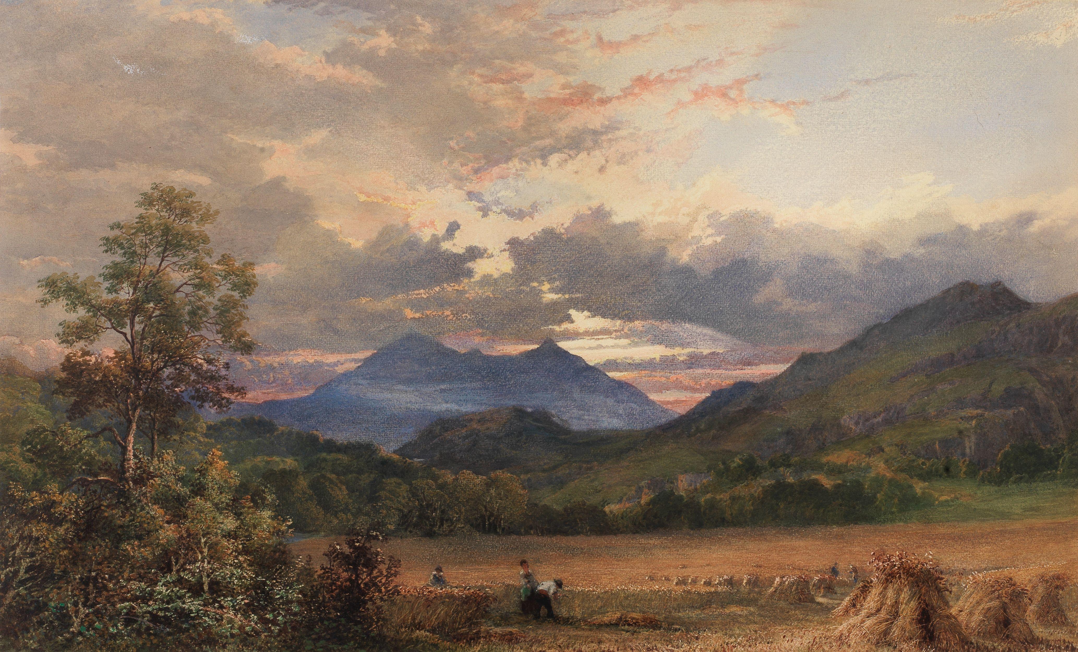 William Turner of Oxford OWS - A view at Capel Curig with harvesters in the foreground