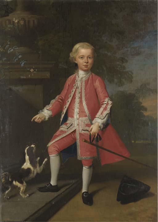 William Verelst - Portrait Of A Boy, Full-Length, In A Pale Red Silver Embroidered Coat, Waistcoat, And Breeches, With A Spaniel, A Staff In His Right Hand And A Tricorn On The Ground At His Feet, By A Plinth In A Wooded Landscape