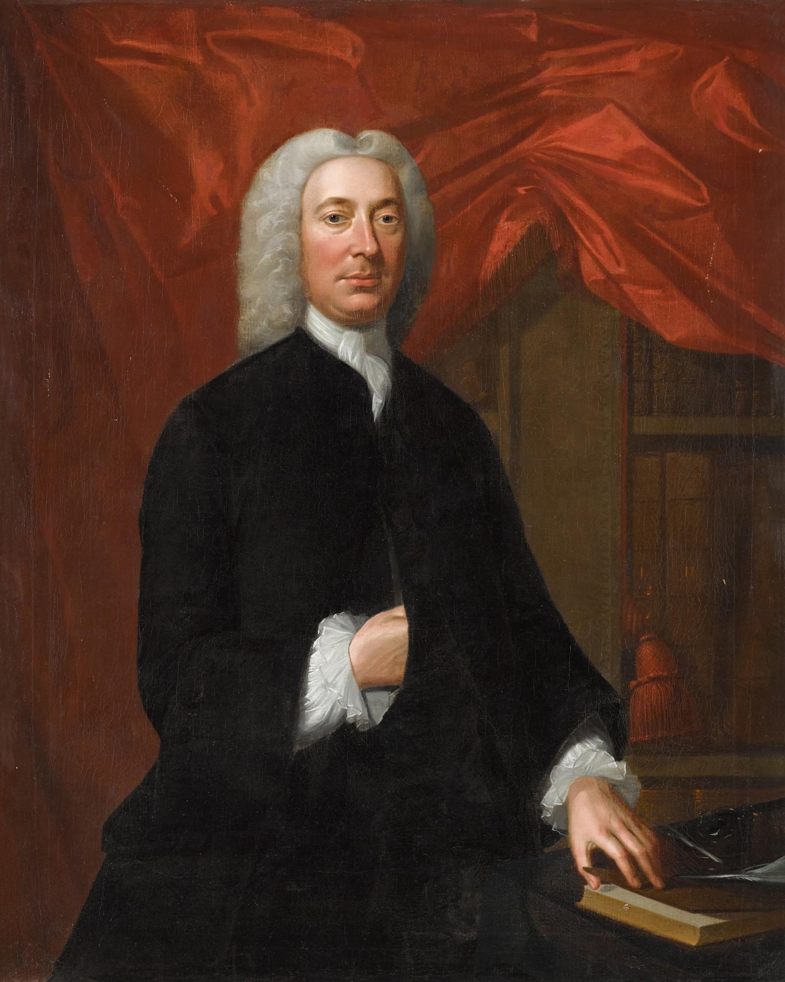 William Verelst - Portrait of a gentleman, three-quarter length, wearing black, with a white cravat, standing beside a table before a red curtain