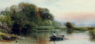 William W. Gosling, R.B.A. - A river landscape at dusk with young anglers dragging in their nets