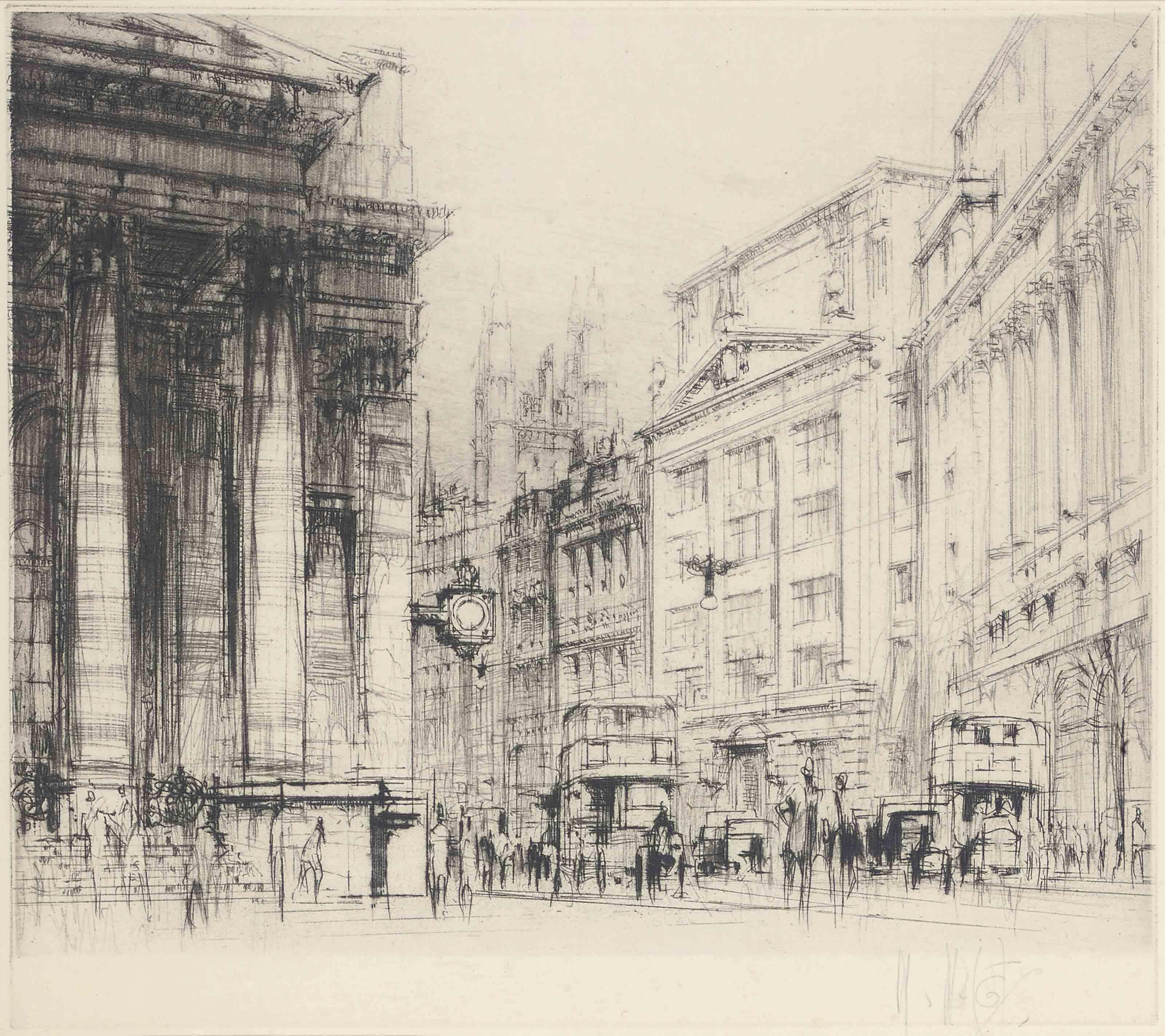 William Walcot - Views of London: Portland Place; Marsham St; The Royal Exchange; Fleet St; Berkeley Square; and Old St Pancras Town Hall