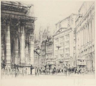 William Walcot - Views of London: Portland Place; Marsham St; The Royal Exchange; Fleet St; Berkeley Square; and Old St Pancras Town Hall