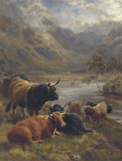 William Watson - Highland cattle in a loch landscape
