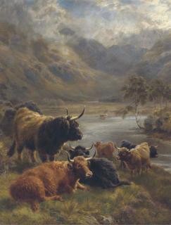 William Watson - Highland cattle in a loch landscape