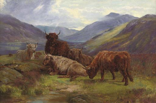 William Watson - Highland Cattle Resting Before A Loch