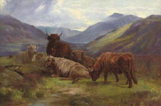 William Watson - Highland Cattle Resting Before A Loch