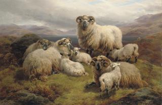 William Watson - Sheep grazing by a loch