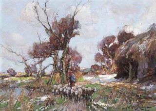 William Watt Milne - A shepherd and his flock on a country path