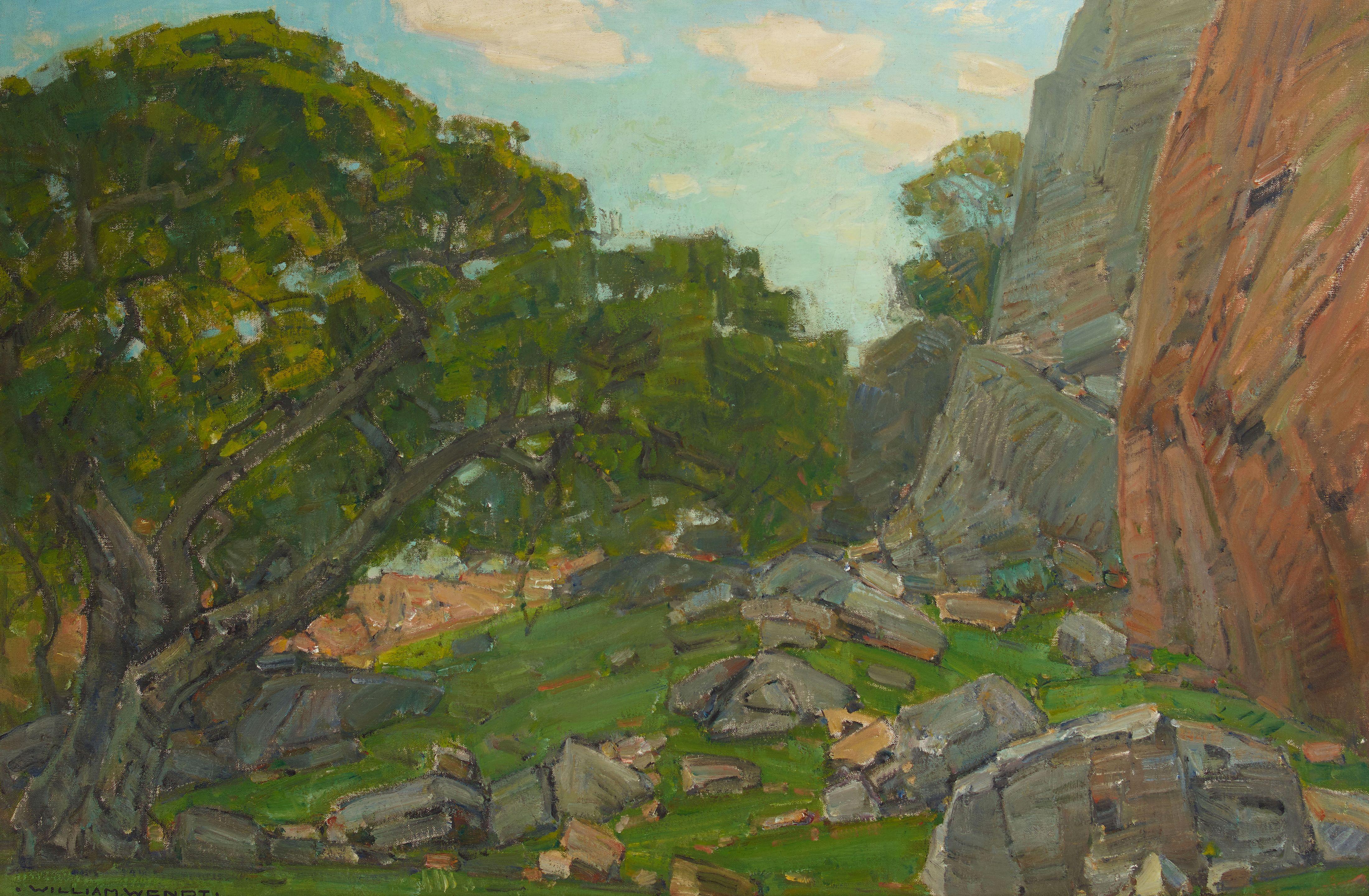 William Wendt - Trees Beneath Rock Cliffs 24 x 36 in. framed 31 1/2 x 43 3/4 in.