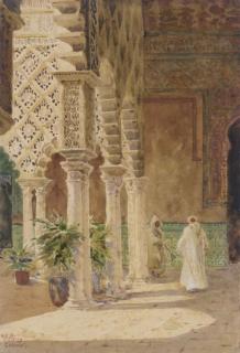 William Wiehe Collins, R.I. - A courtyard in the Alcazar, Seville