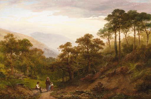 William Williams Of Plymouth - Figures in an extensive wooded landscape, Okehampton Castle