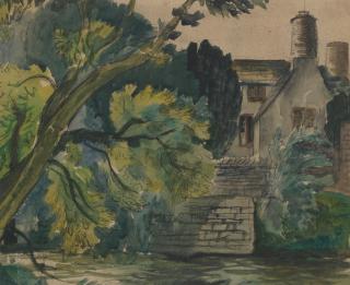 William Wilson OBE RSA RSW - House with falling tree, Cumberland