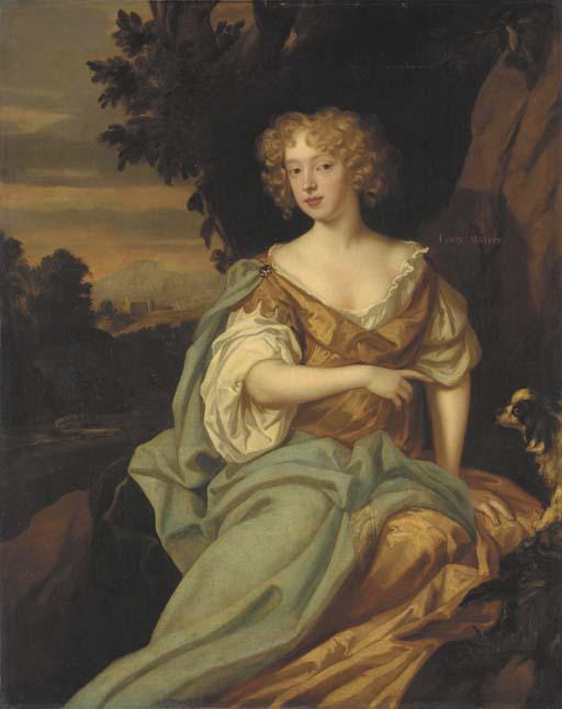 William Wissing - Portrait of a Lady, believed to be Lucy Walters (1630?-1658), seated three-quarter length in a landscape, with a spaniel