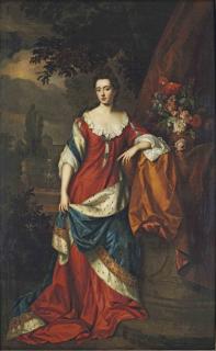 William Wissing - Portrait of Francis Thynne, Lady Worsley, full-length, in a red dress and a blue ermine-lined mantle, a domed mansion in a garden beyond