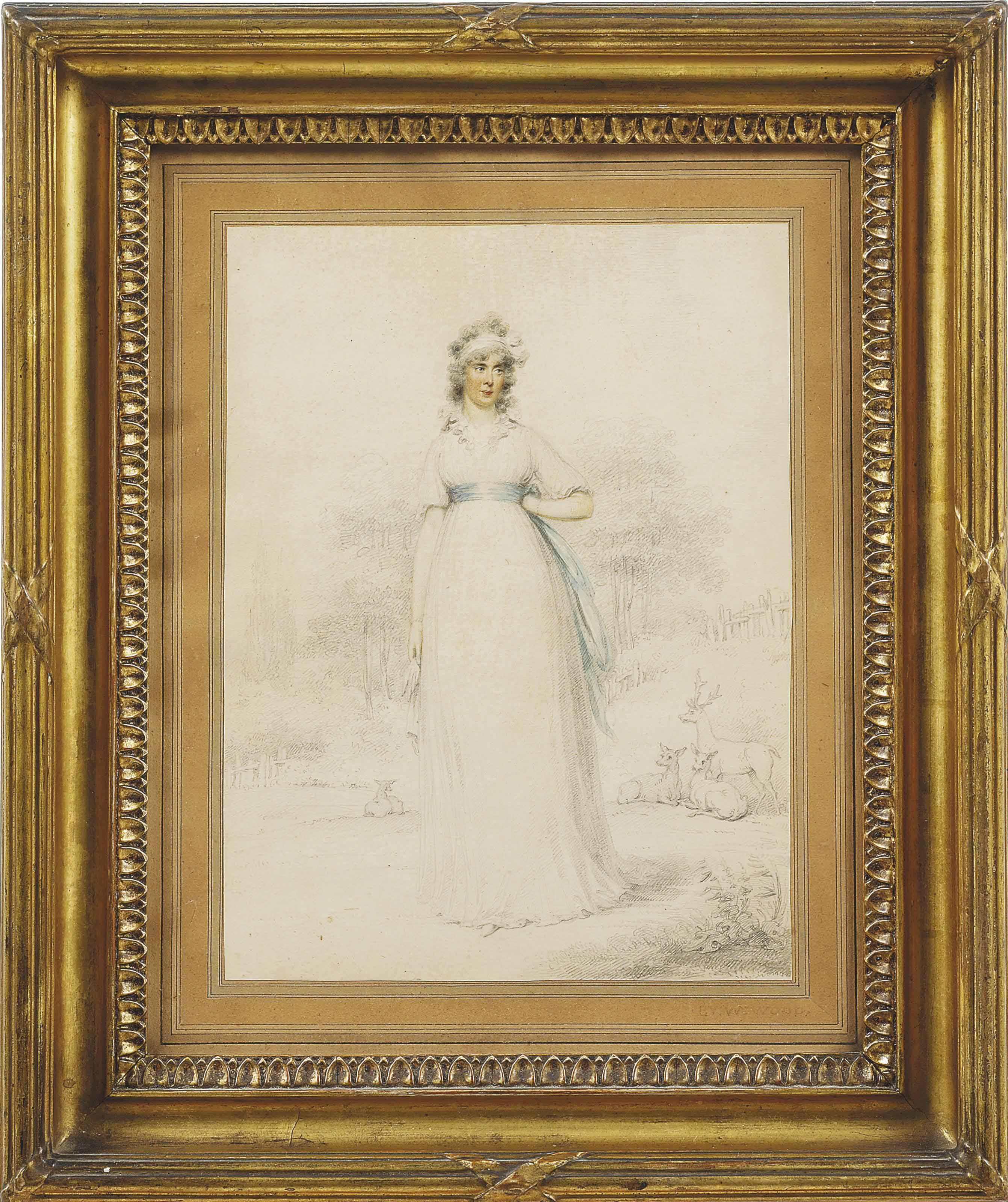 William Wood - Portrait of Katherine, Countess of Mornington (1760-1851), full-length, in a white dress and blue sash, a landscape beyond