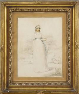 William Wood - Portrait of Katherine, Countess of Mornington (1760-1851), full-length, in a white dress and blue sash, a landscape beyond