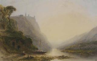 William Wyld, R.I. - A capriccio view of an Italian hilltop monastery, figures resting on the bank of a river below