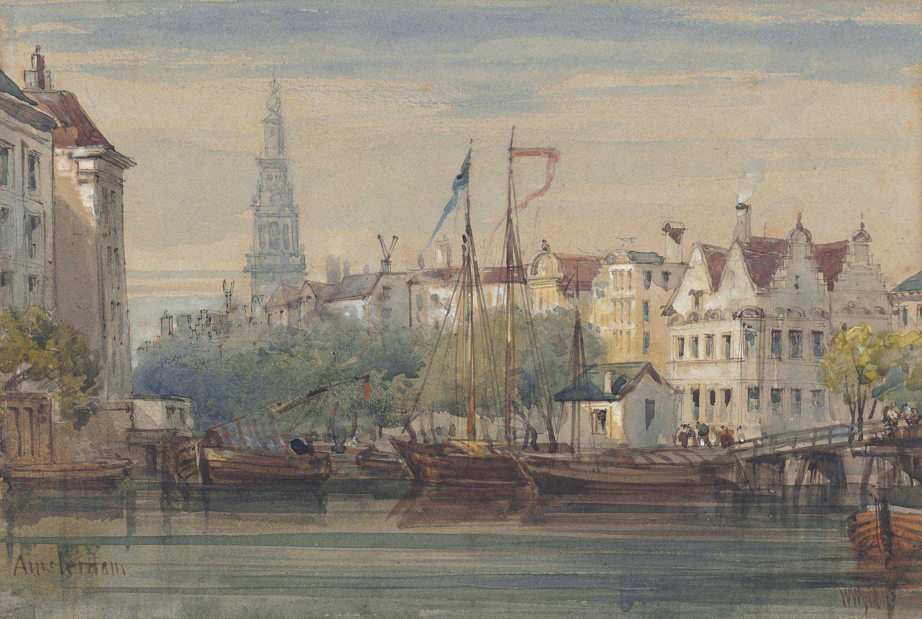 William Wyld - A view over the Amstel towards the Kloveniersburgwal, the tower of the Zuiderkerk in the distance and the Halvemaansbrug to the right, Amsterdam