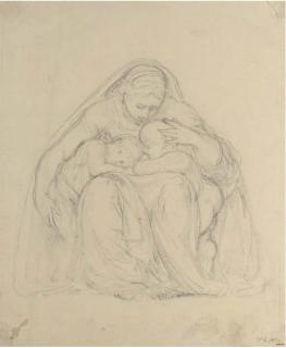 William Young Ottley - A seated woman sheltering two infants under her cloak