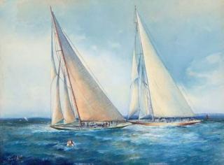 Willliam Alexander Coulter - Shamrock (V) and Enterprise on an upwind leg