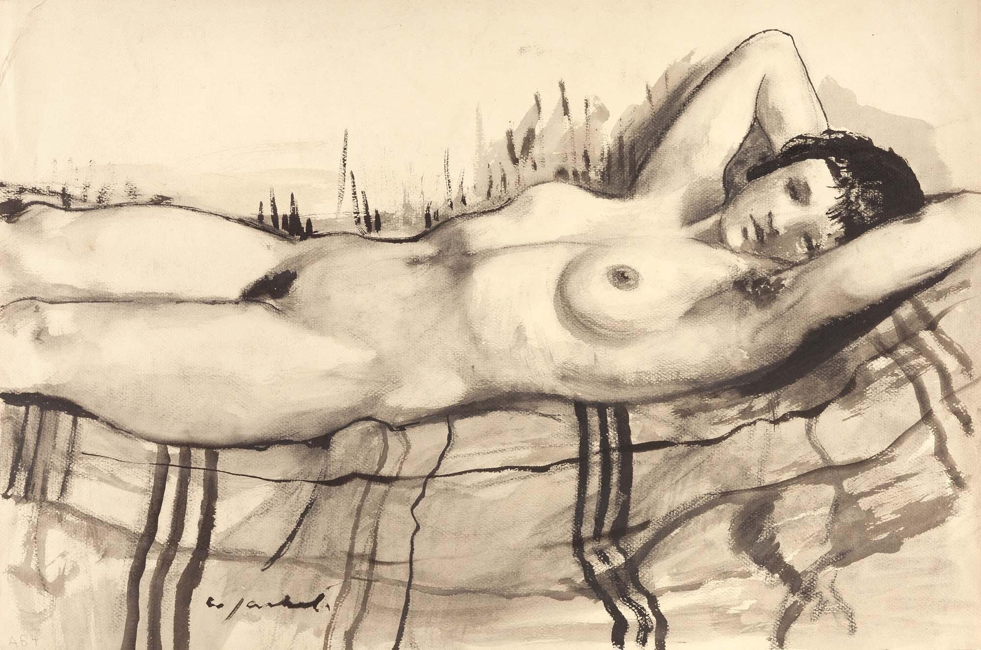 Willy Jaeckel - Liegender weiblicher Akt auf Decke.