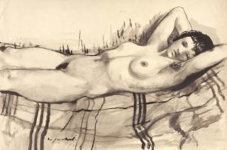 Willy Jaeckel - Liegender weiblicher Akt auf Decke.