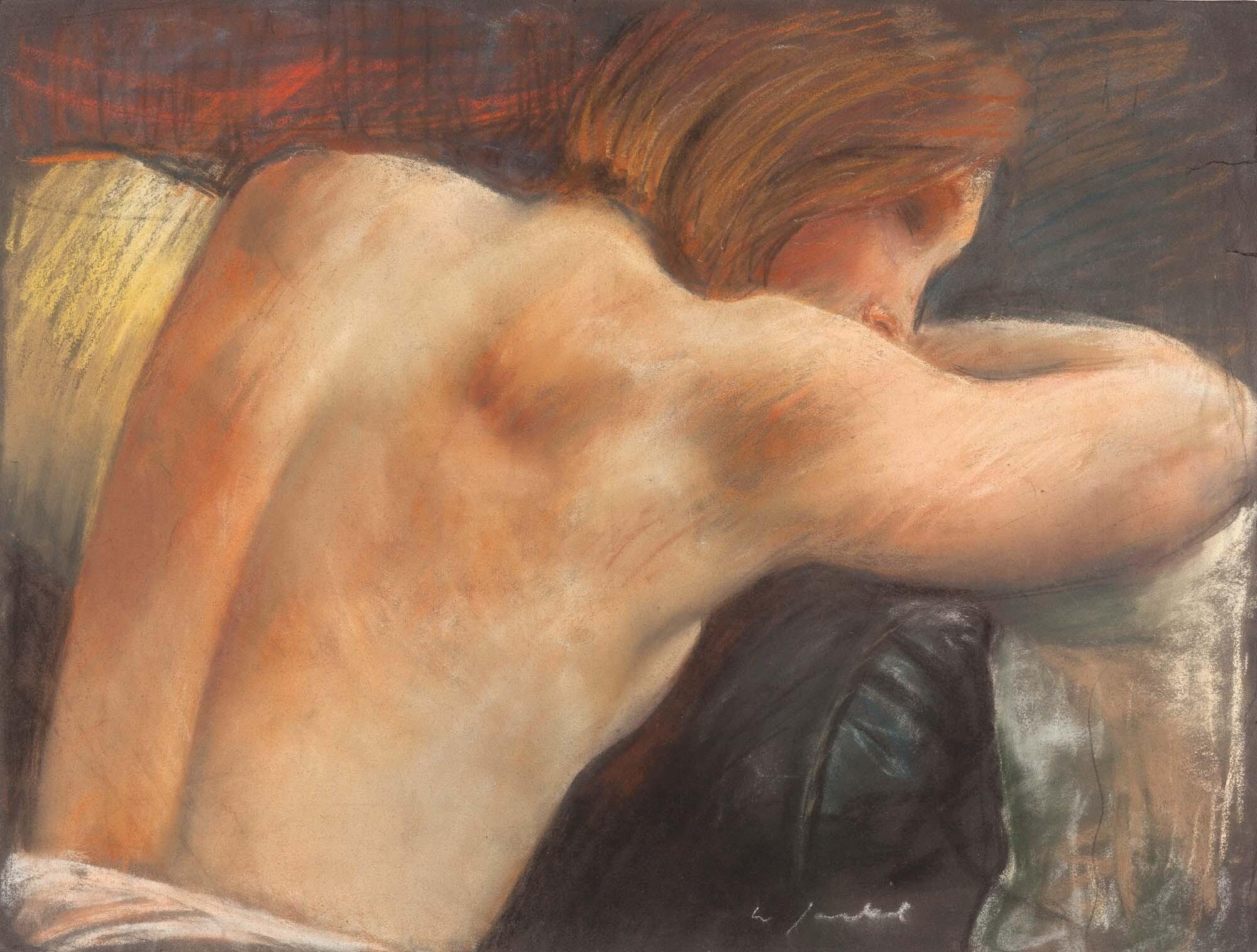 Willy Jaeckel - Weiblicher Rückenakt, an Sofa lehnend.