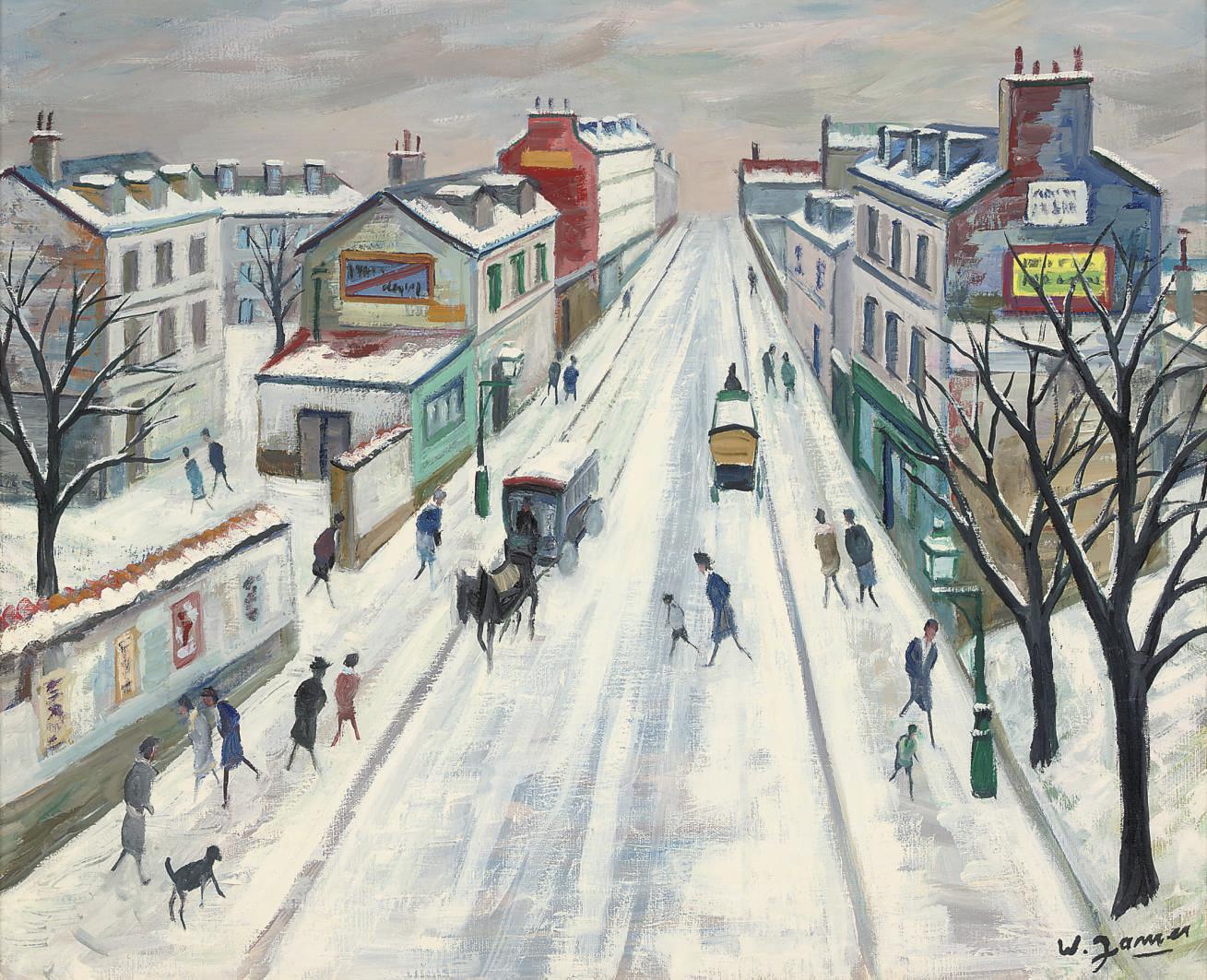 Willy James - Paris, rue animée sous la neige
