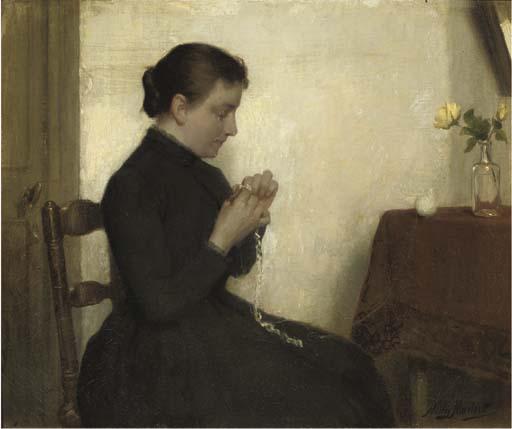 Willy Martens - In haar zolderkamertje: a young girl knitting