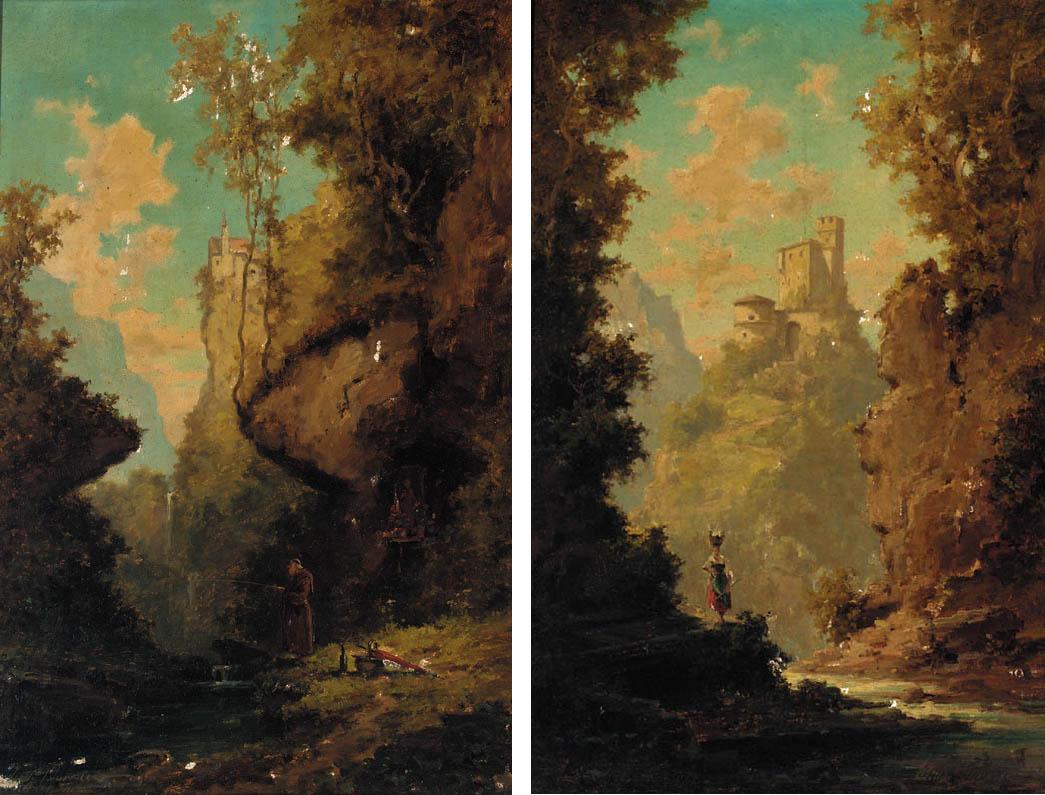 Willy Moralt - A Monk Fishing In A Gorge; And A Woman On A Riverside Path With A Castle Beyond