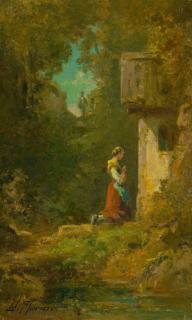 Willy Moralt - Betendes Mädchen vor der Waldkapelle.