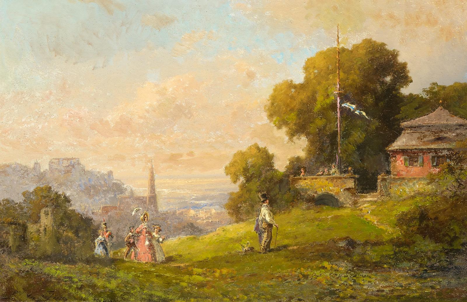 Willy Moralt - Festliche Gesellschaft vor der Marburger (?) Stadtkulisse