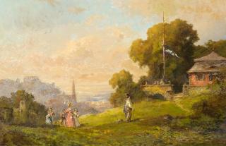 Willy Moralt - Festliche Gesellschaft vor der Marburger (?) Stadtkulisse